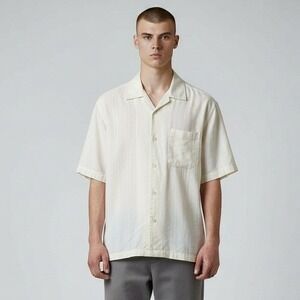 Tommy Bahama Shirt‎ Men Large Vintage Fit Cream Silk Cotton Button Up Vacation